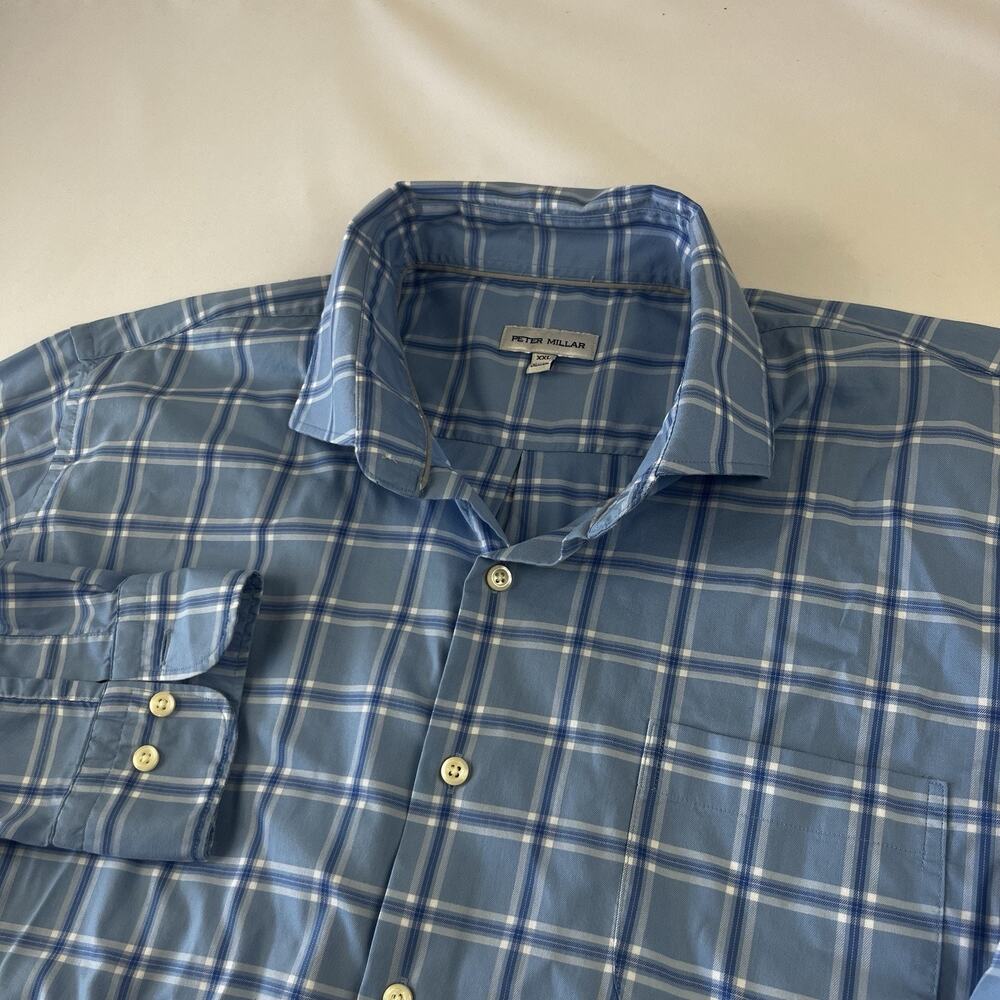 Peter Millar Mens XXL Blue Plaid Long Sleeve Button Down Dress Shirt Cotton 2XL
